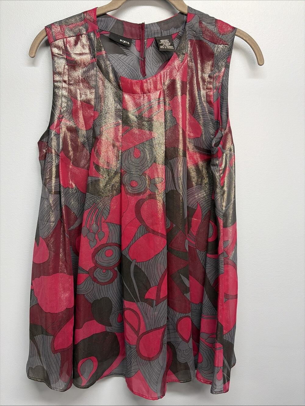 MIXIT Cranapple Gray Sparkle Sheer Babydoll Sleeveless Top - Pleated/Sz Medium